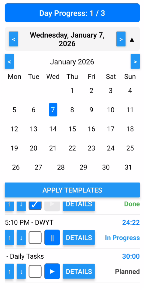 Daily view showing time blocks and achievements